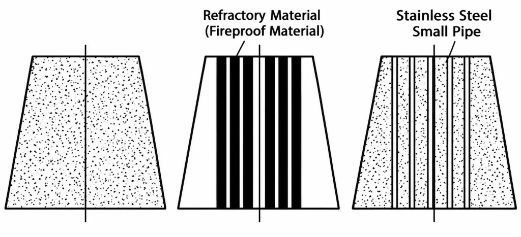Ladle bottom-purging plug: (a) diffuse type; (b) slit type; (c) straight-through hole type.